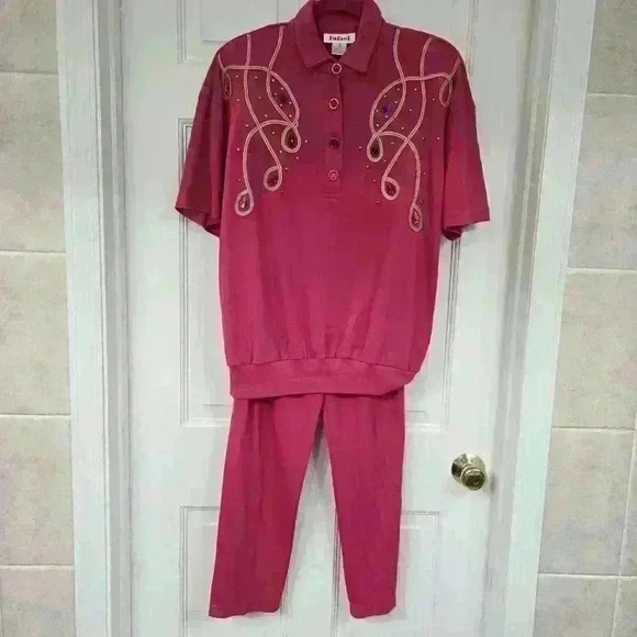 Rafael Pants - Rafael Pink Women's Studded Collared Blouse & Pants Set,Size M